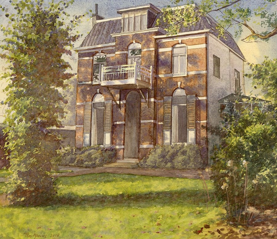 Geschilderd portret van een villa met tuin.